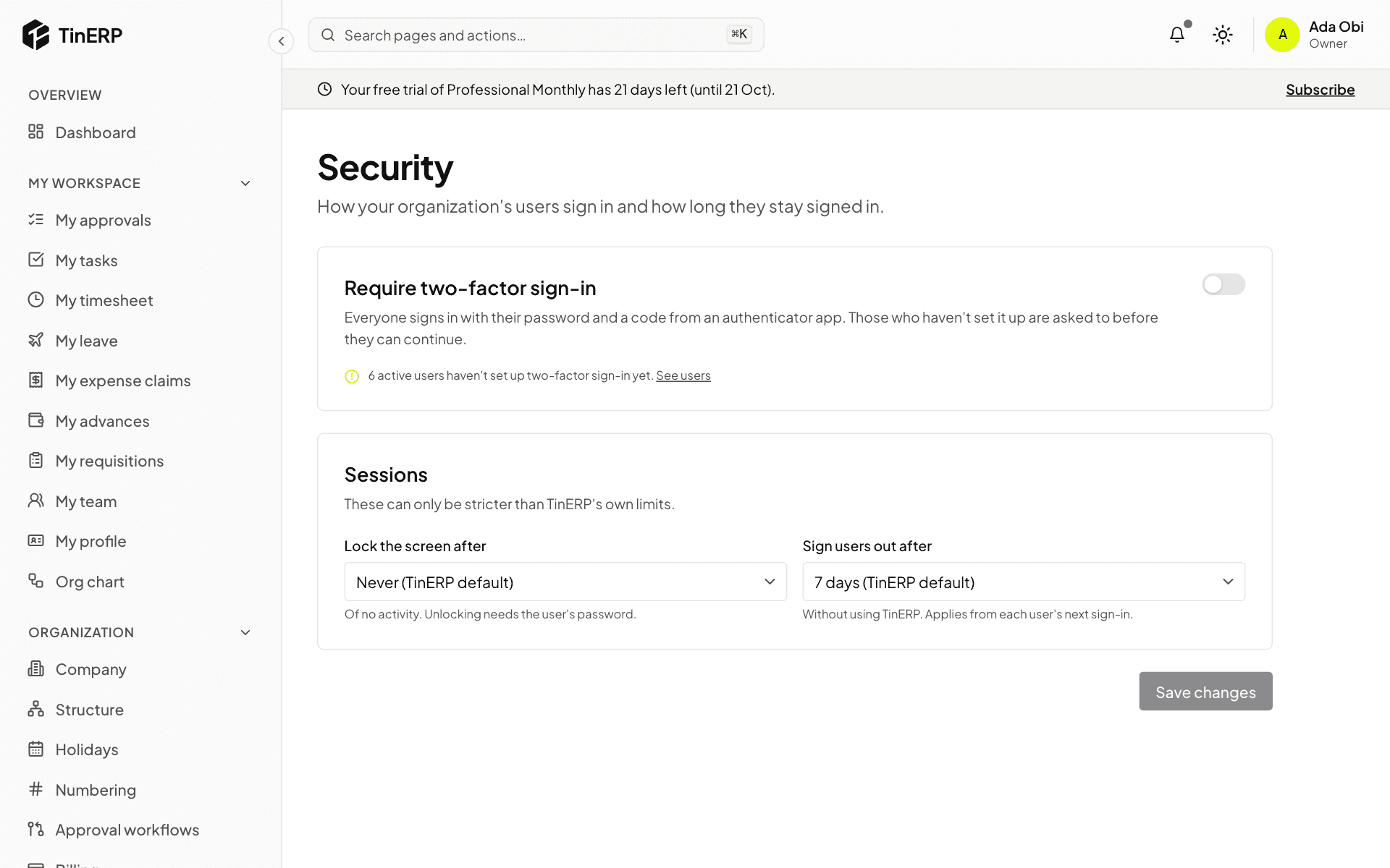 The Security page: Require two-factor sign-in, and the session settings