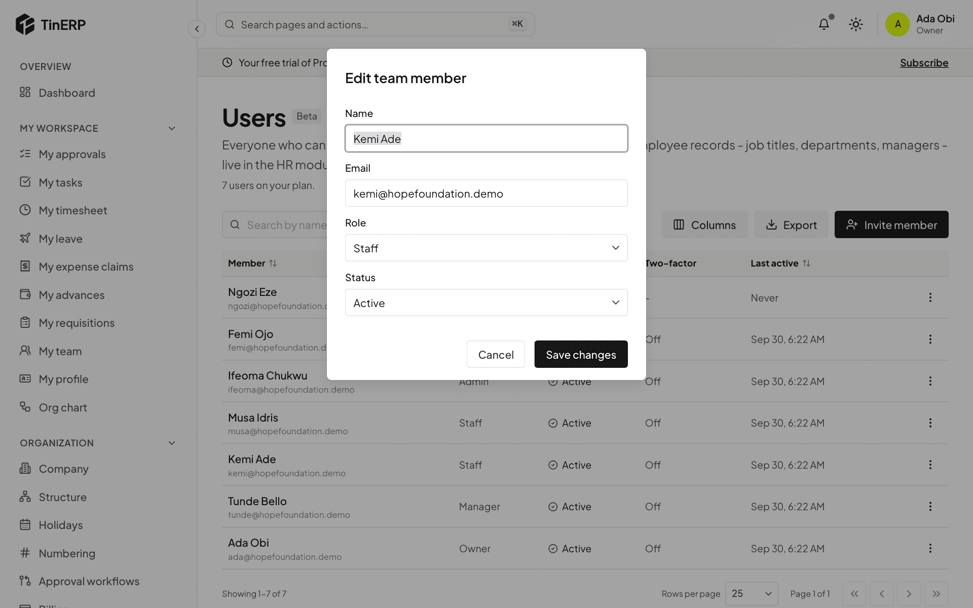 The Edit team member window with name, email, role and status