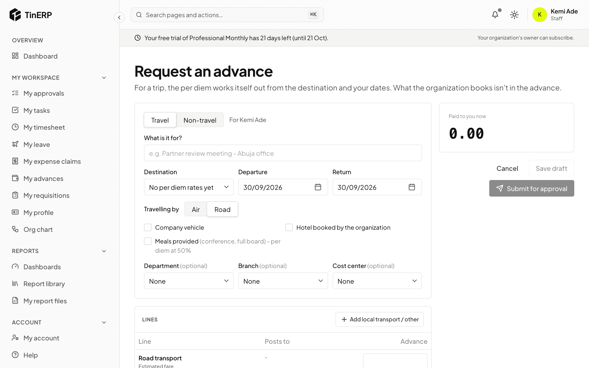 The Request an advance form with Travel selected, destination and dates