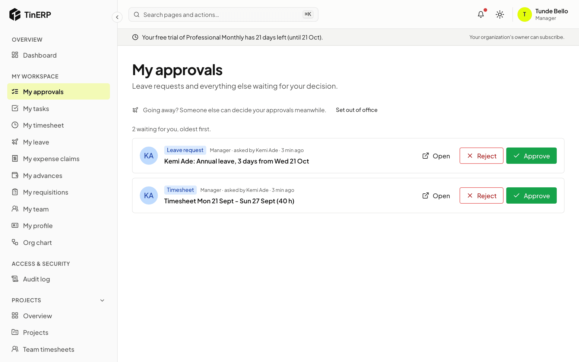 My approvals with Kemi's leave request and the Approve and Reject buttons