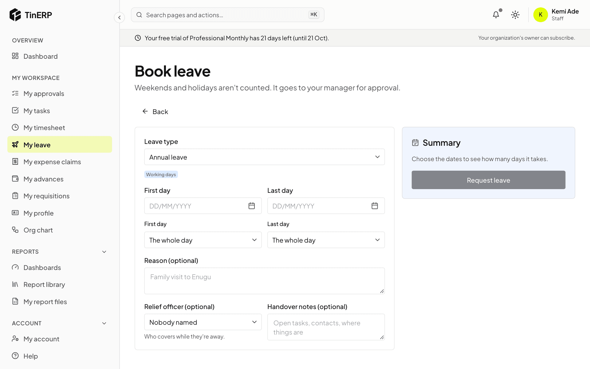 The Book leave form with leave type, dates, reason, relief officer and the summary
