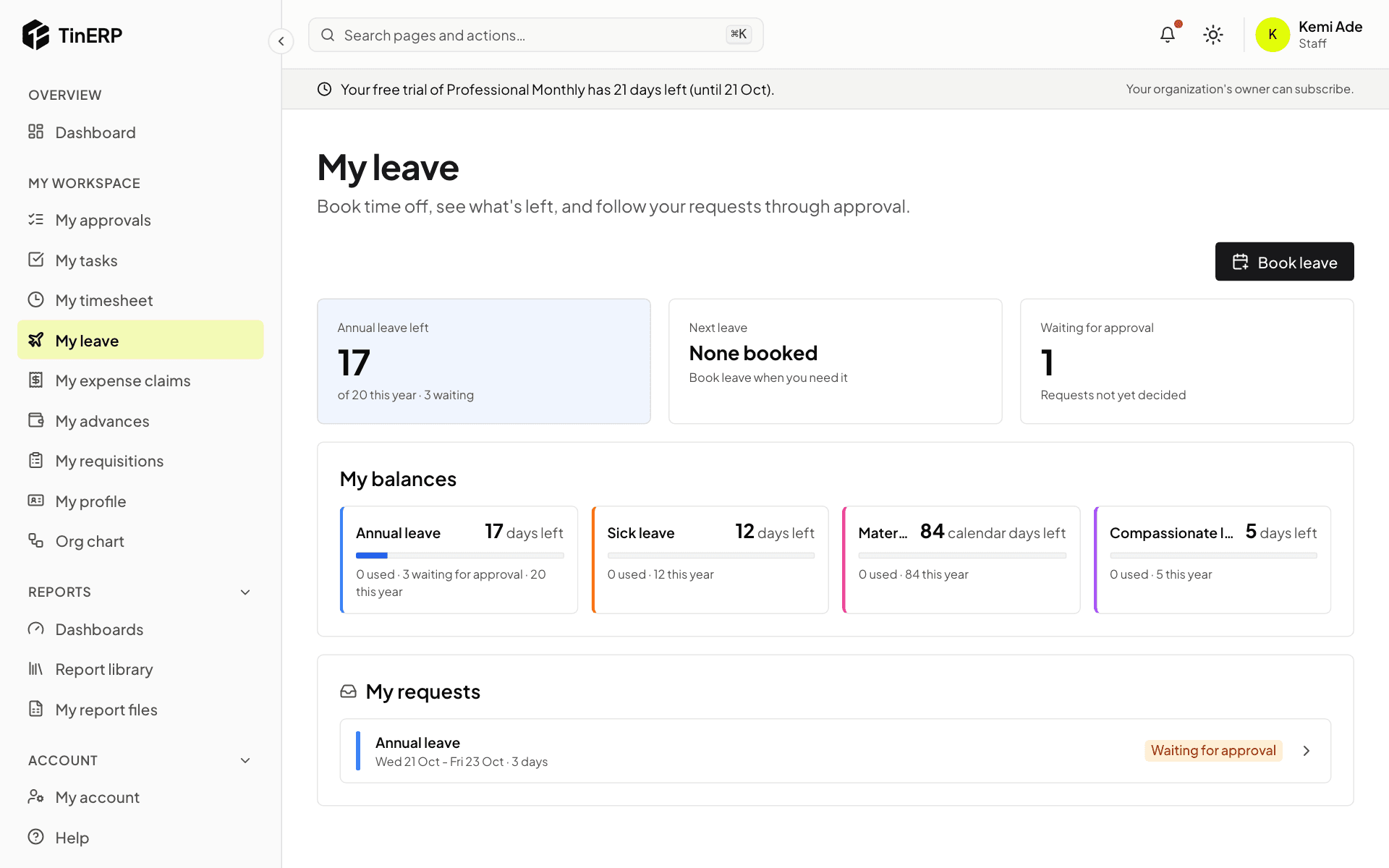My leave: annual leave left, balances by type and a request waiting for approval
