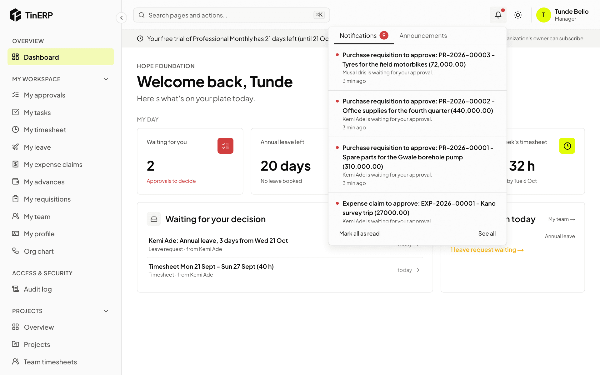 The notifications panel open, with a leave request waiting for approval