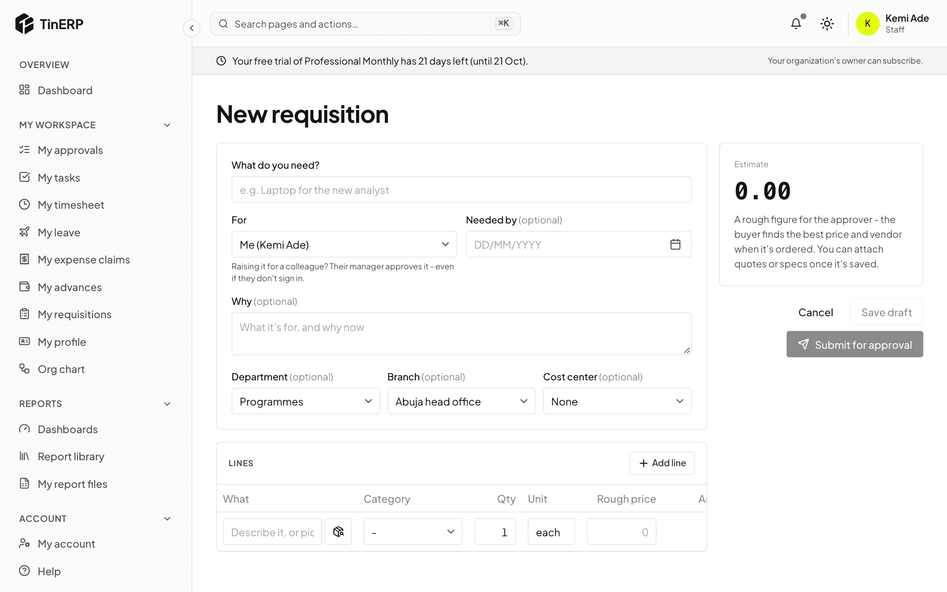 The New requisition form with the estimate, lines and Submit for approval