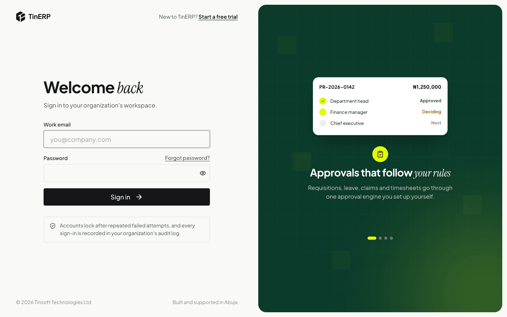 The TinERP sign-in page