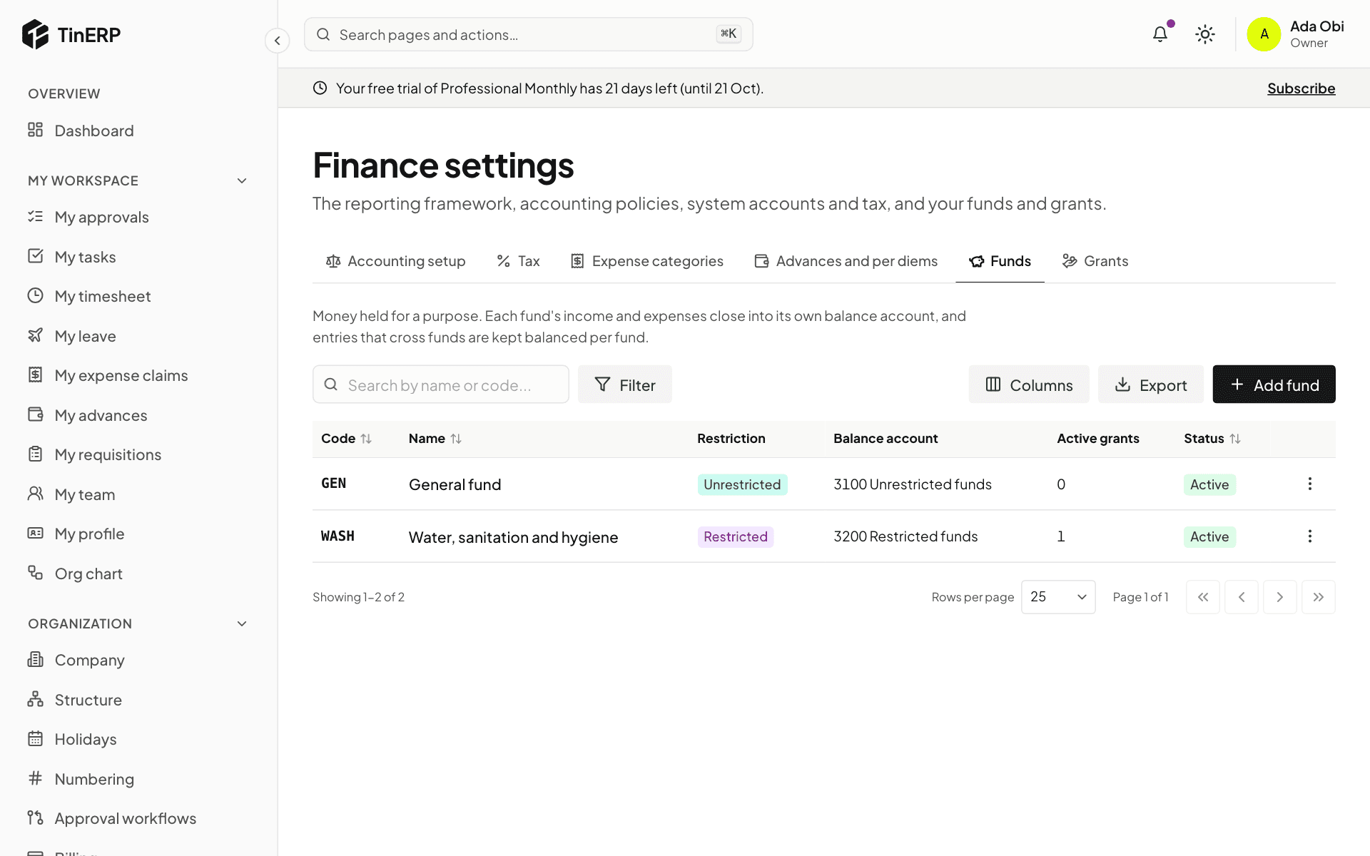 Finance settings → Funds: the General fund and a restricted WASH fund