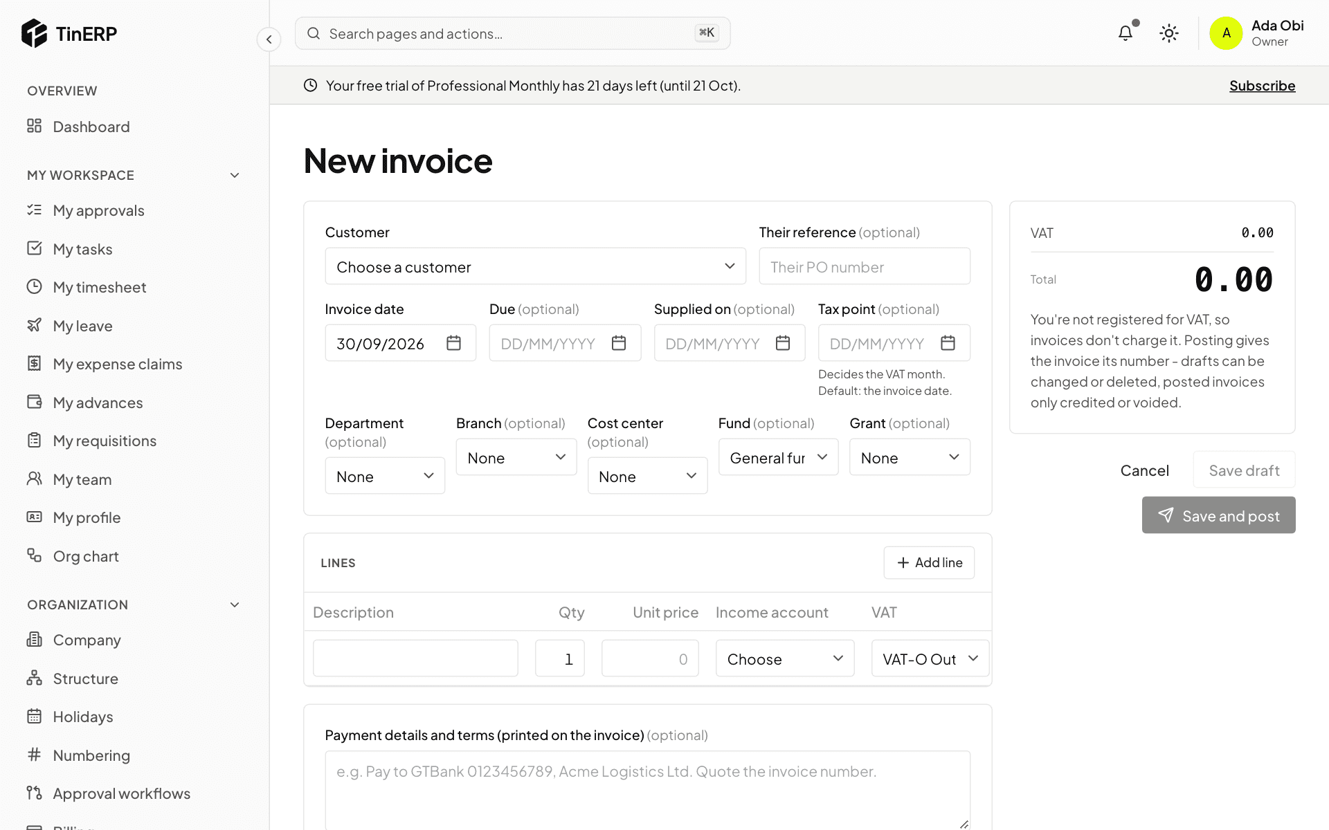 The new invoice form: customer, dates, lines and payment details