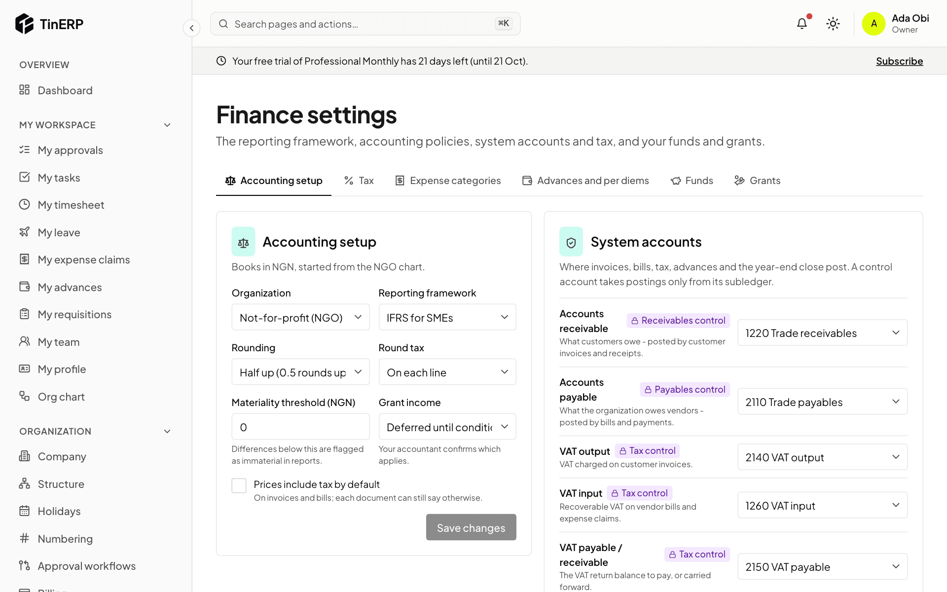 Finance settings: Accounting setup and the system accounts