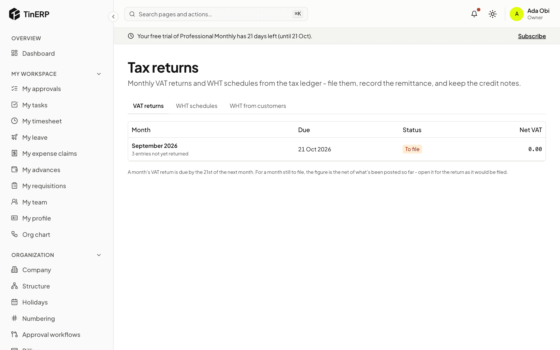 Tax returns: September's VAT return to file by 21 October