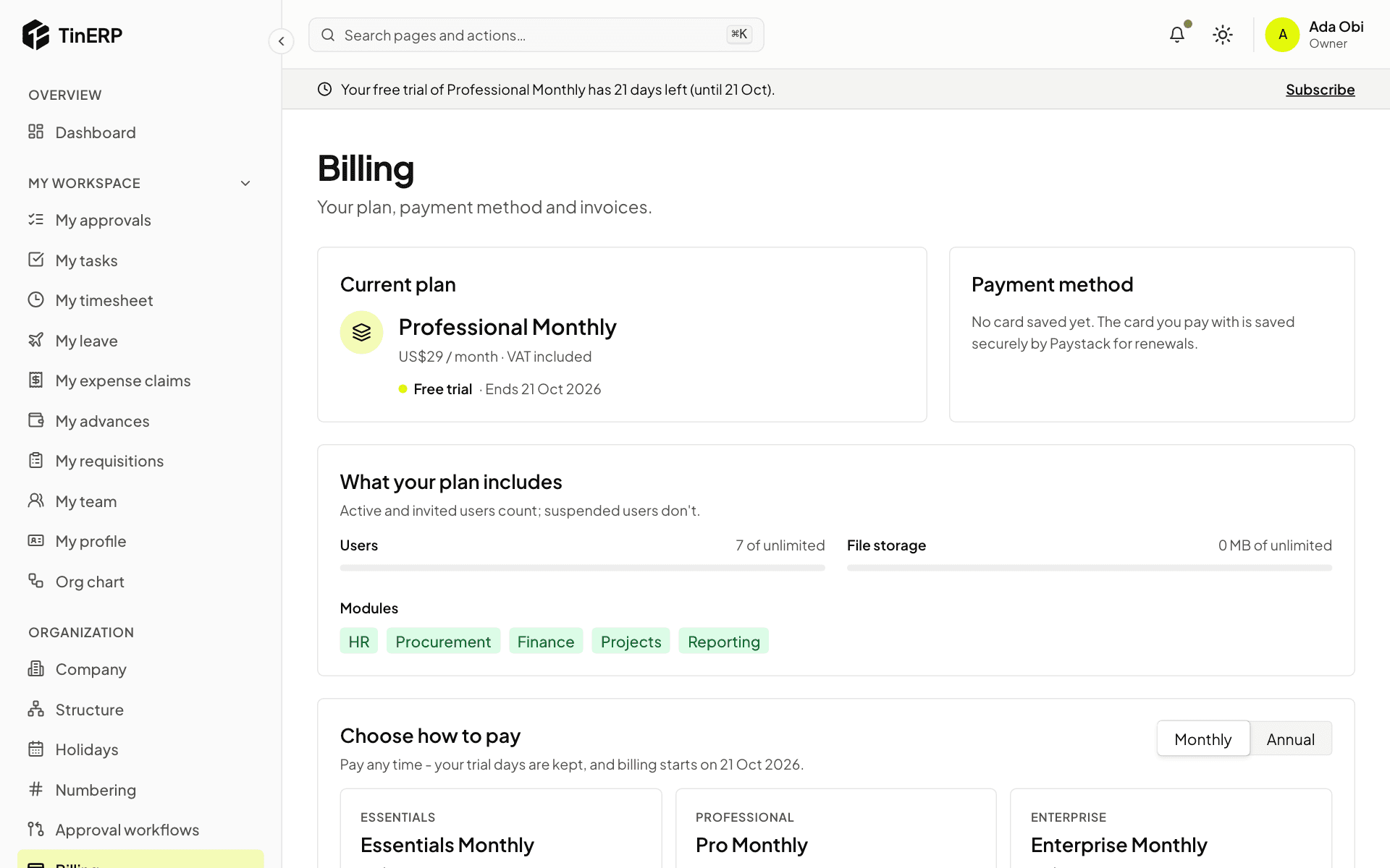 The Billing page showing the current plan, what it includes and the plans to choose from