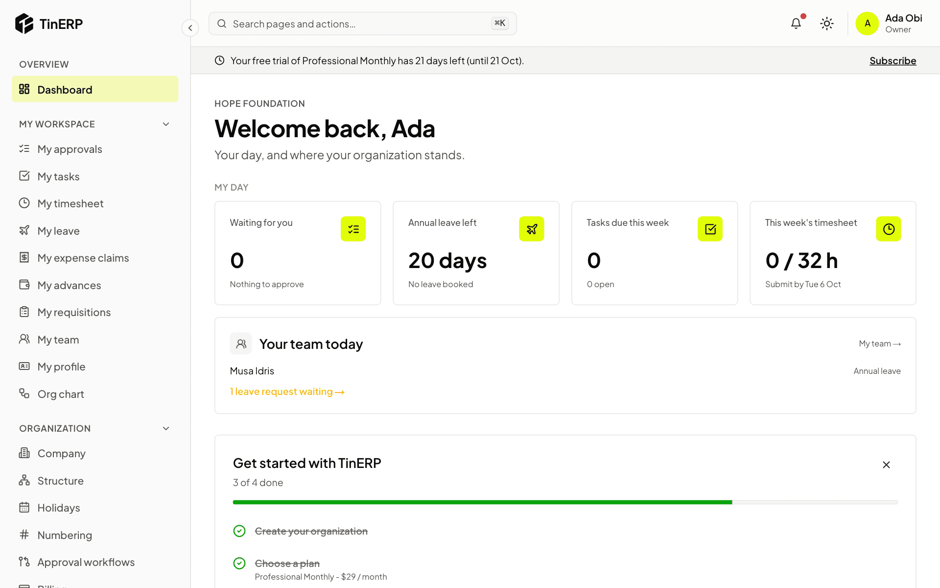 The dashboard for an owner: My day, Your team today and the Get started checklist