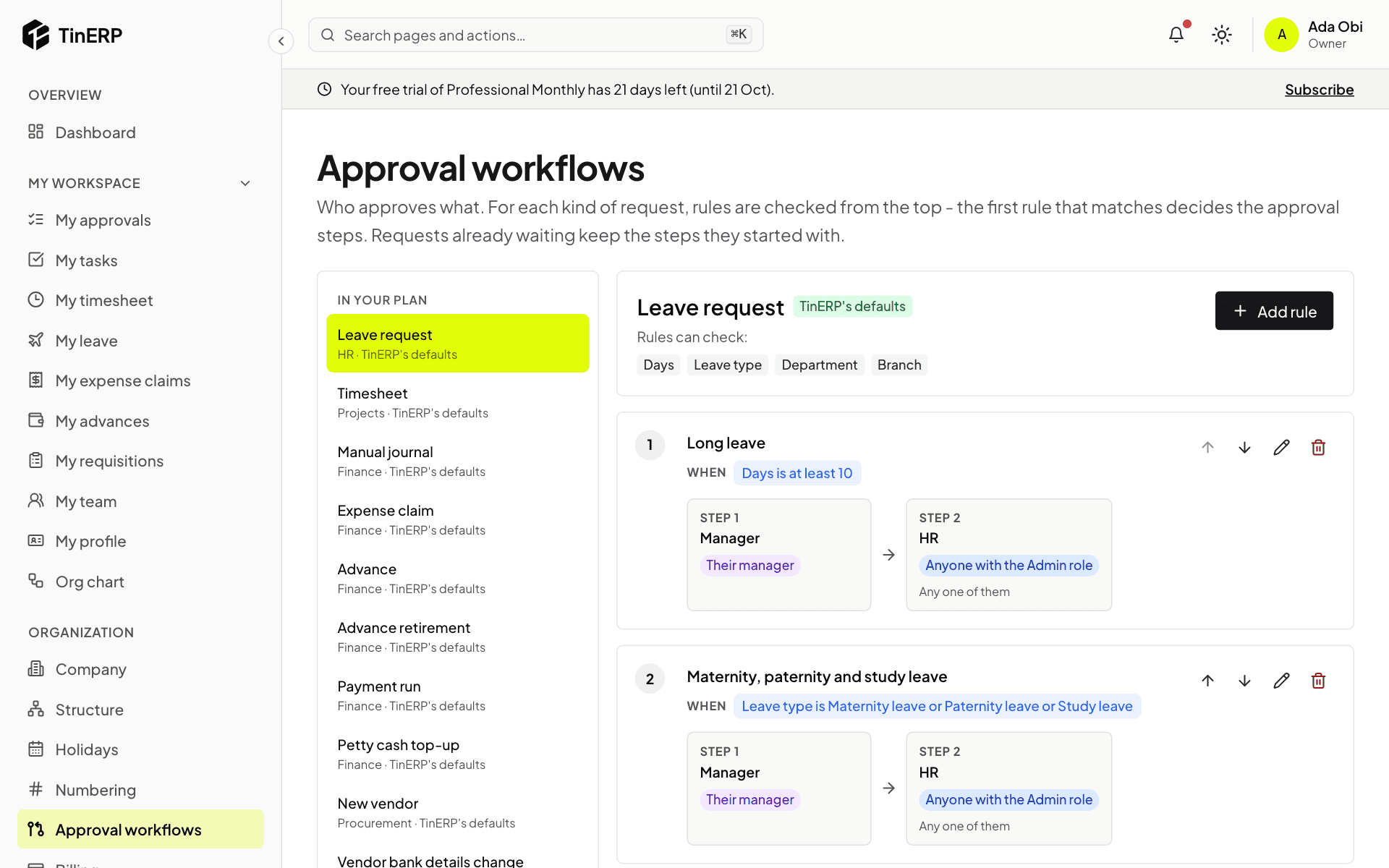 The Approval workflows page for leave requests, showing a Long leave rule with manager then HR steps