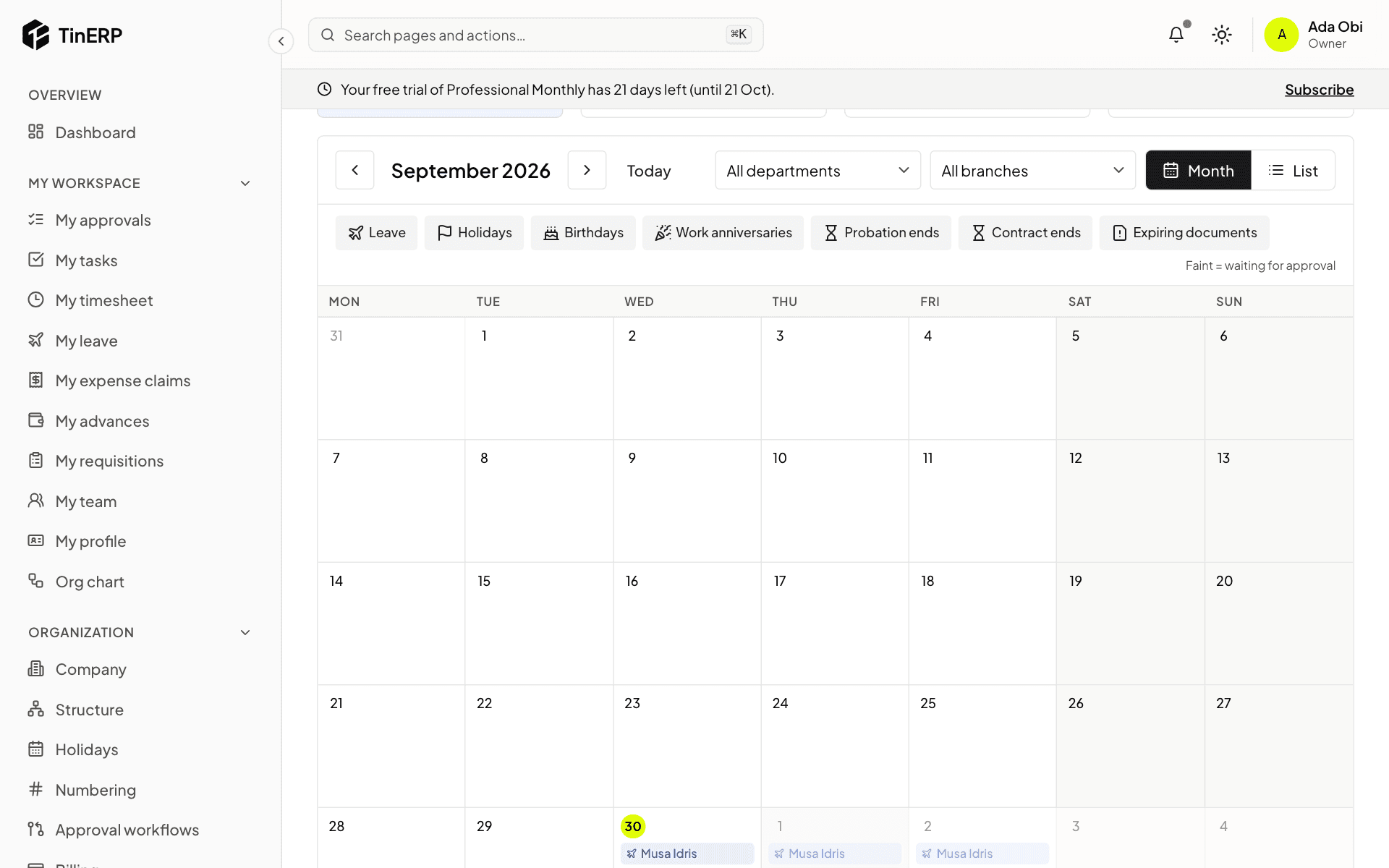 The HR leave calendar for the month