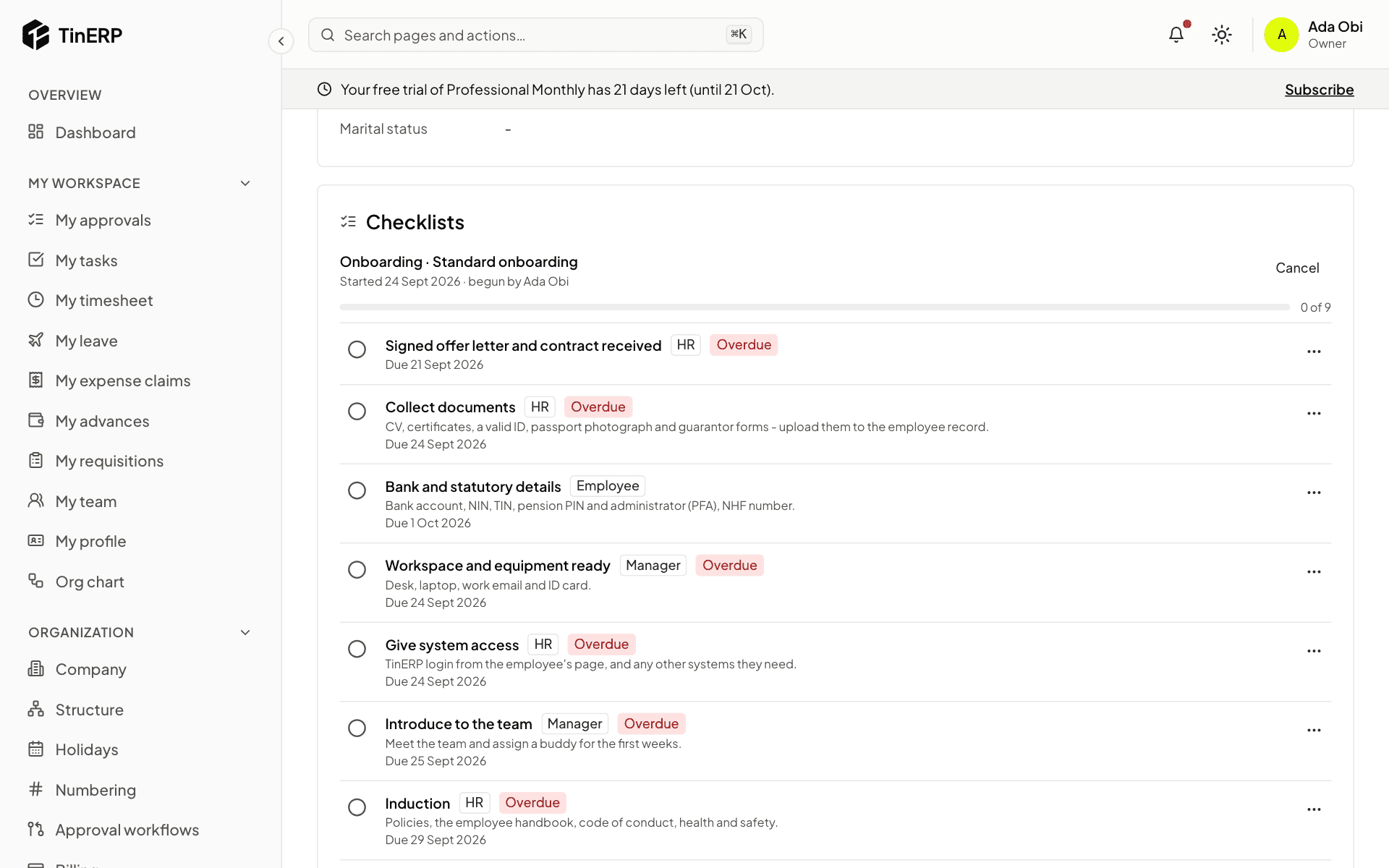 Chidi's onboarding checklist with steps for HR, his manager and him