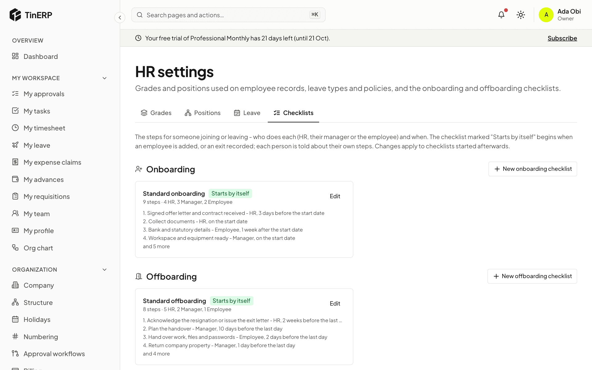 HR settings → Checklists: Standard onboarding and Standard offboarding, each marked Starts by itself