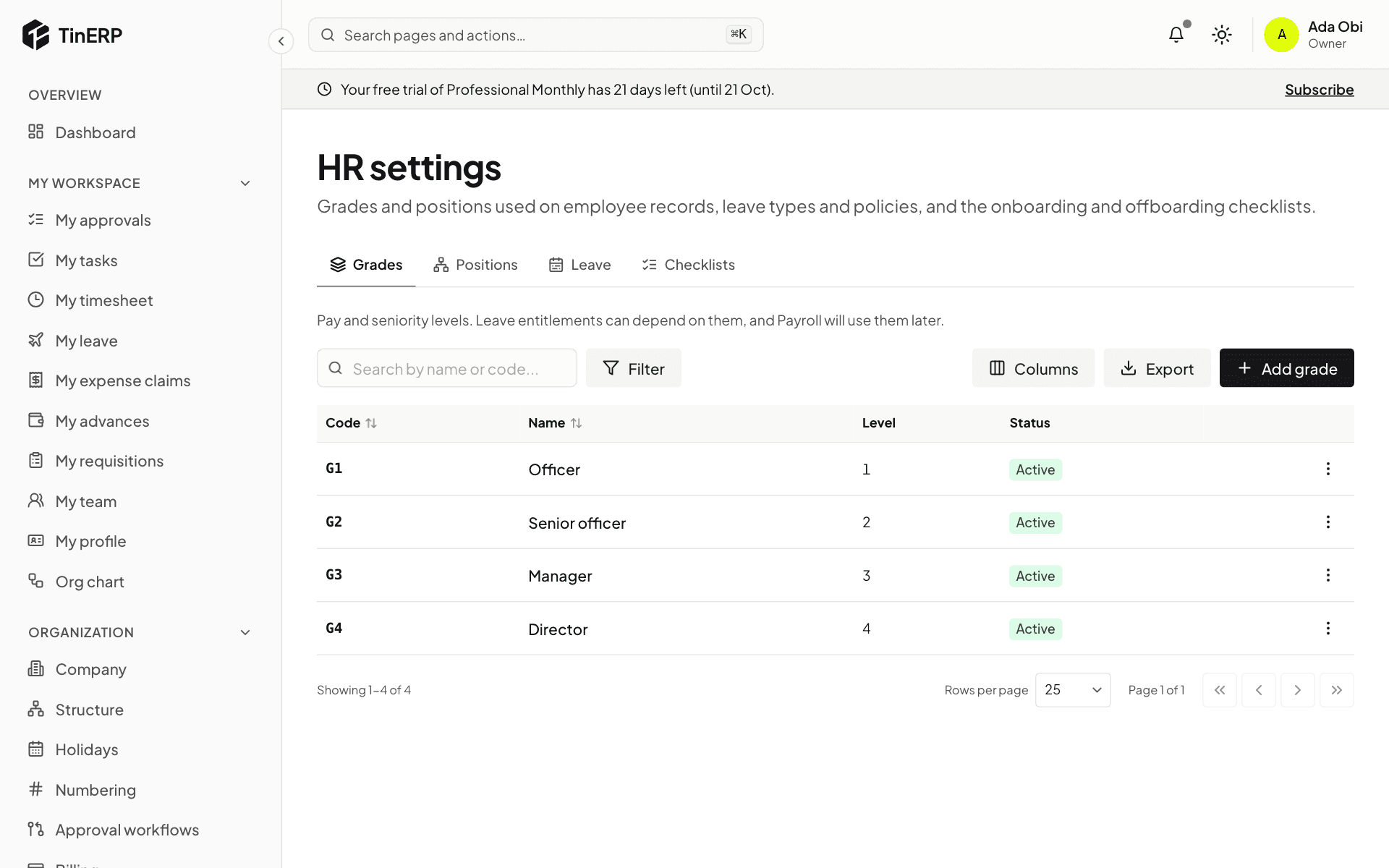 HR settings → Grades: Officer, Senior officer, Manager and Director