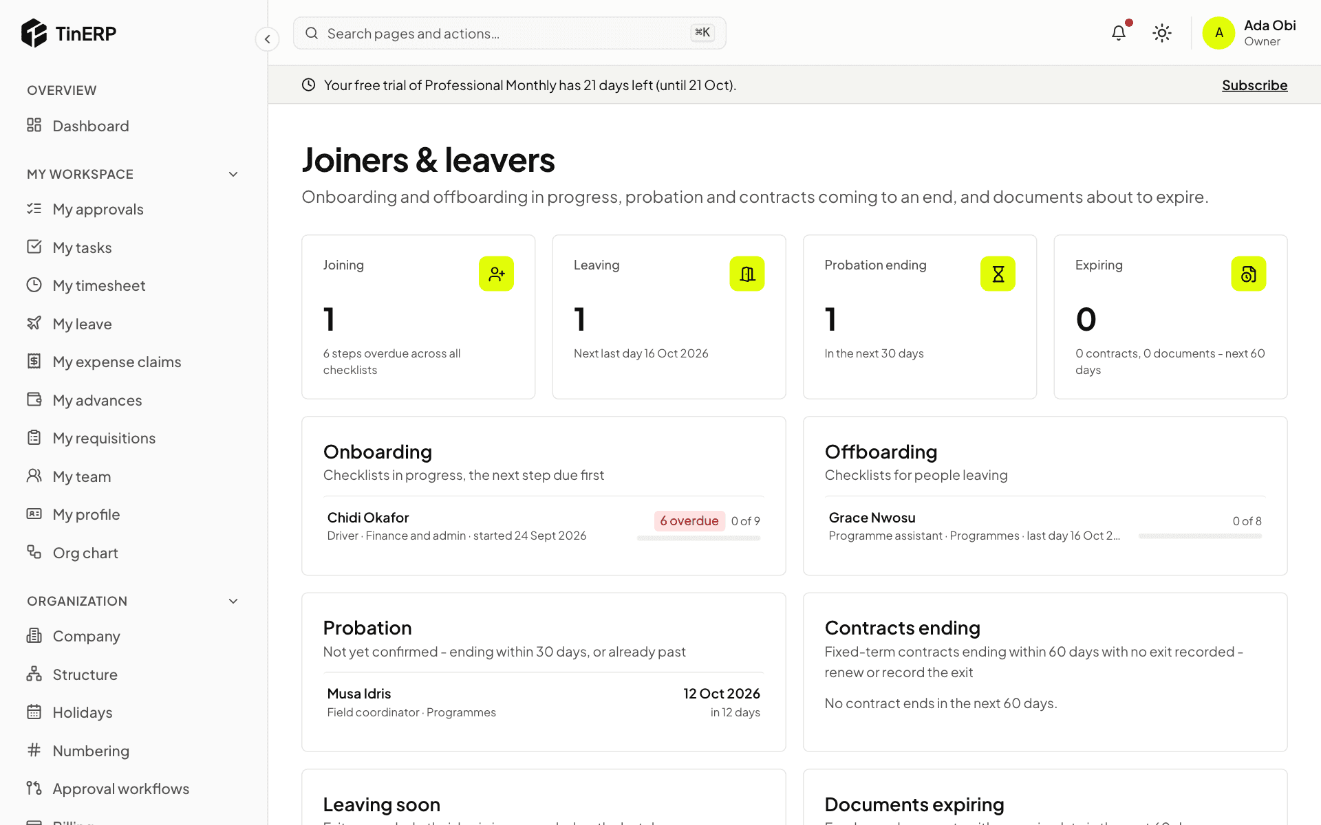 Joiners & leavers: one joiner, one leaver, one probation ending, with the onboarding and offboarding checklists