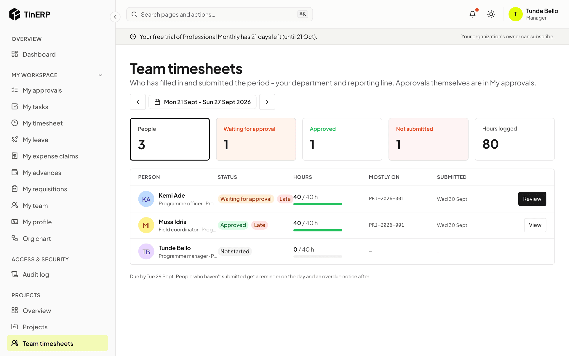 Team timesheets for last week: Kemi's waiting for approval and Musa's approved