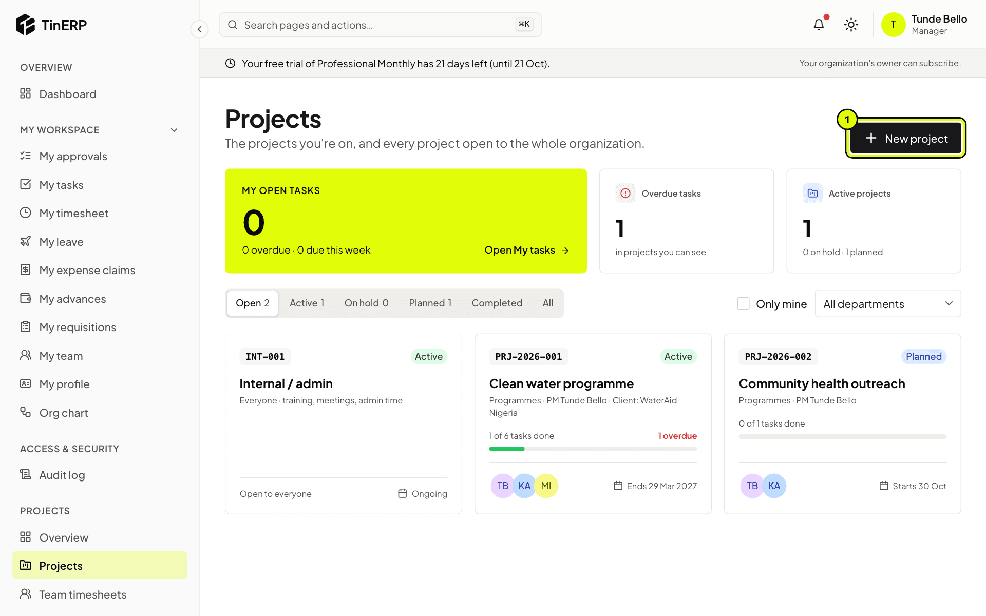 The Projects page with three projects and New project marked 1