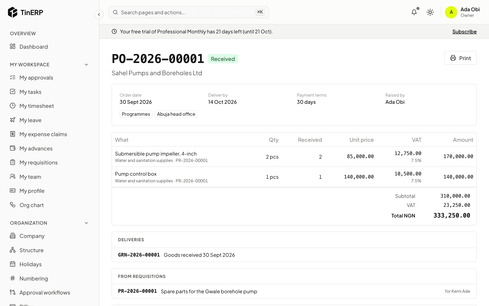 A purchase order from a requisition, received in full, with its approval and delivery