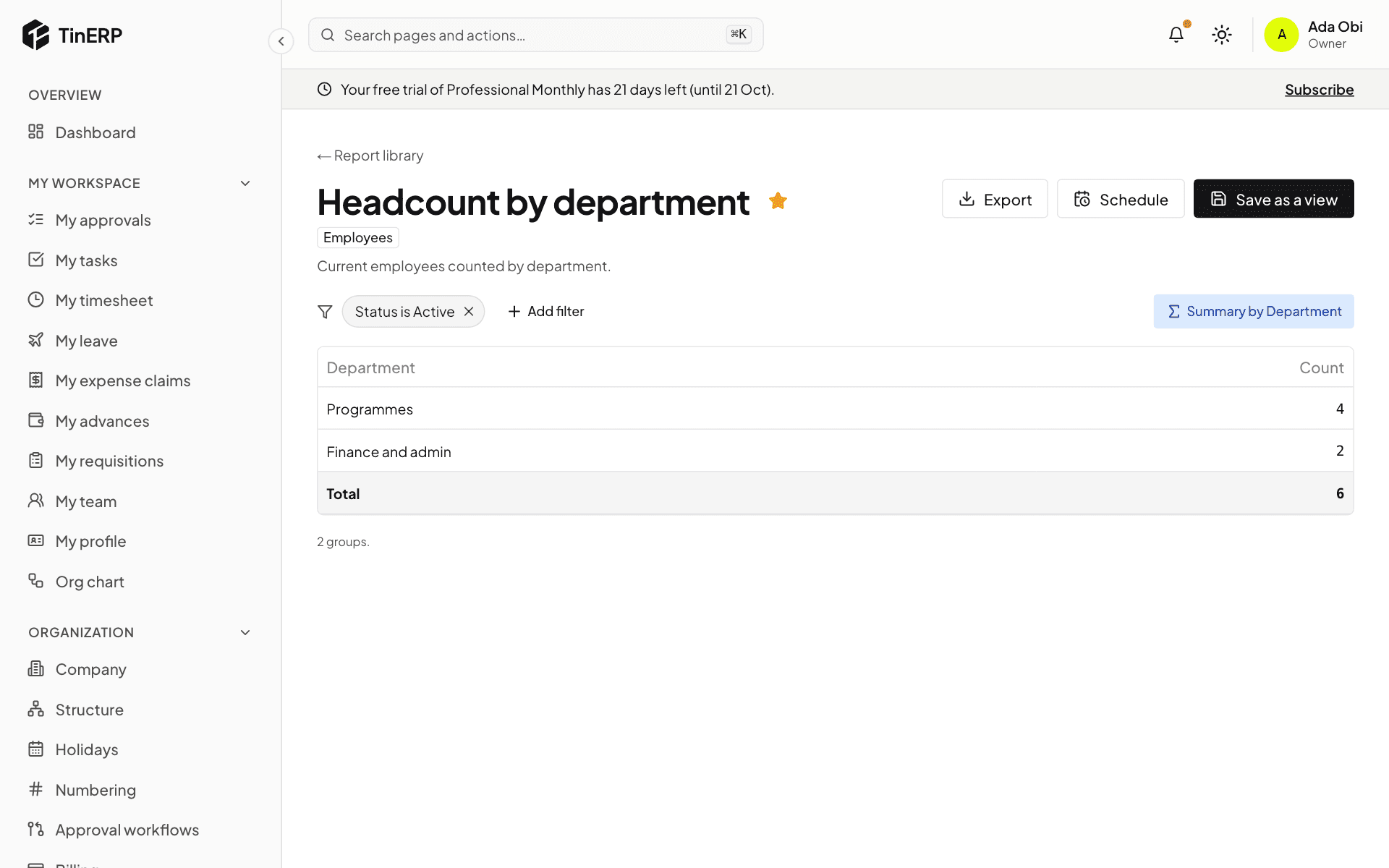 The Headcount by department report, with its filter, Export, Schedule and Save as a view