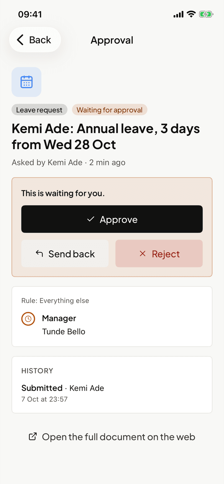 TinERP phone app: an approval, with Approve, Send back and Reject