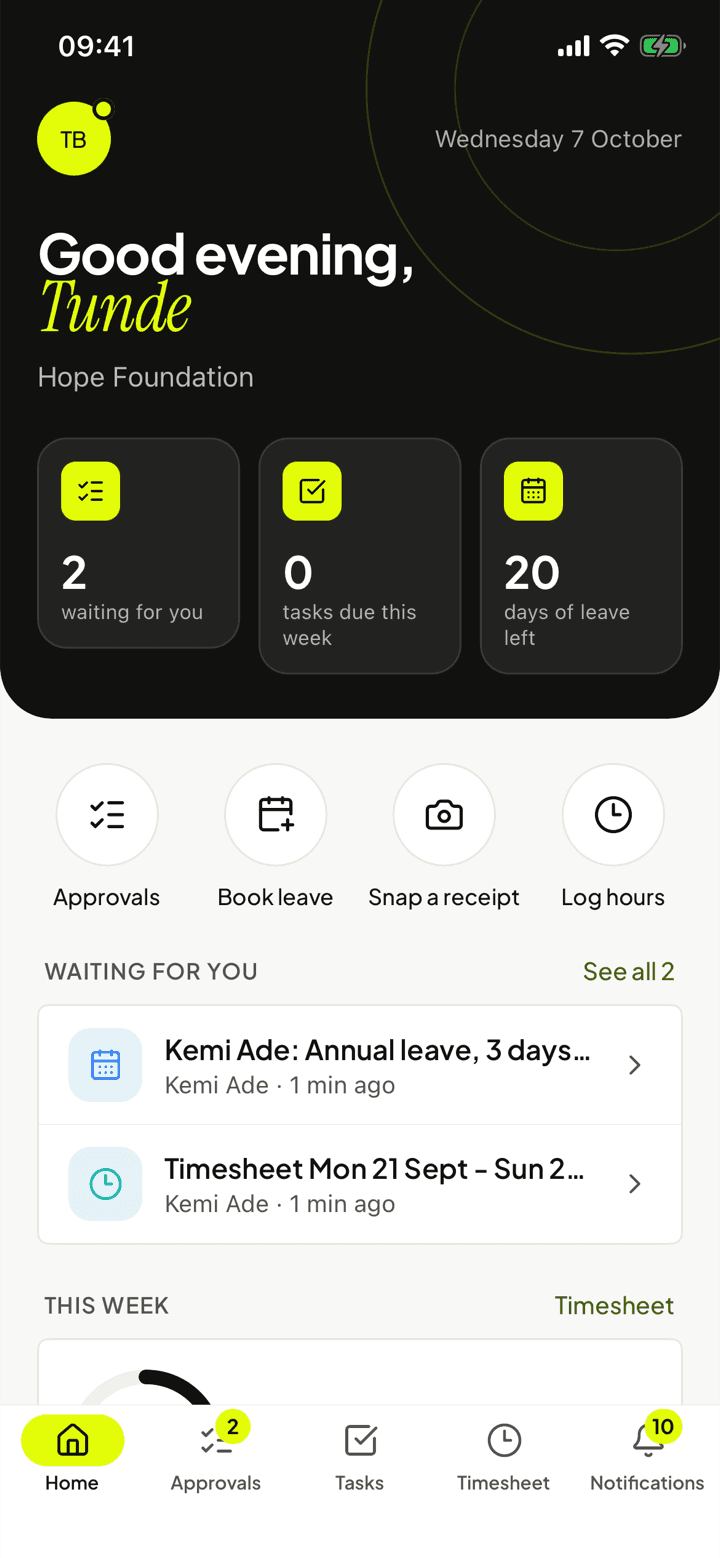TinERP phone app: Home, with what's waiting, this week's hours and leave left
