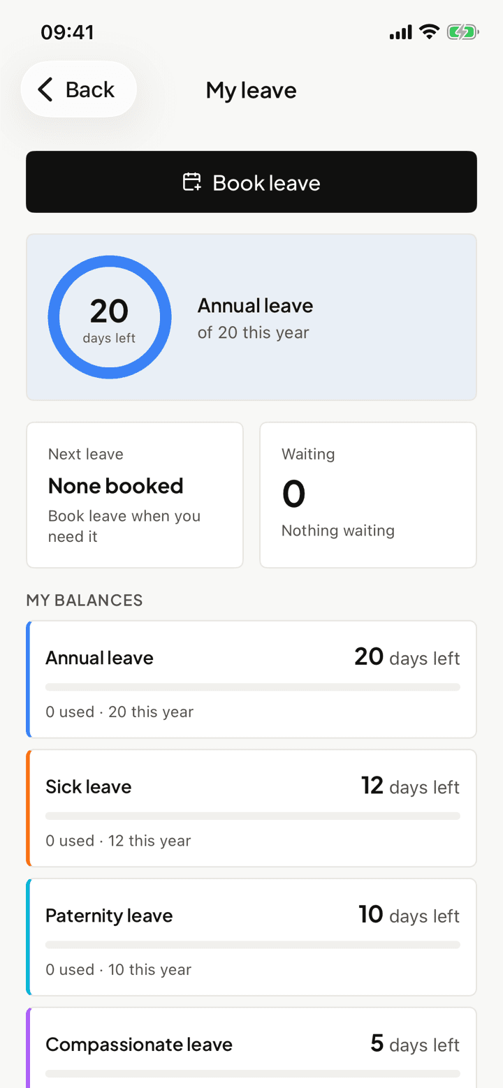 TinERP phone app: My leave, with days left and every balance
